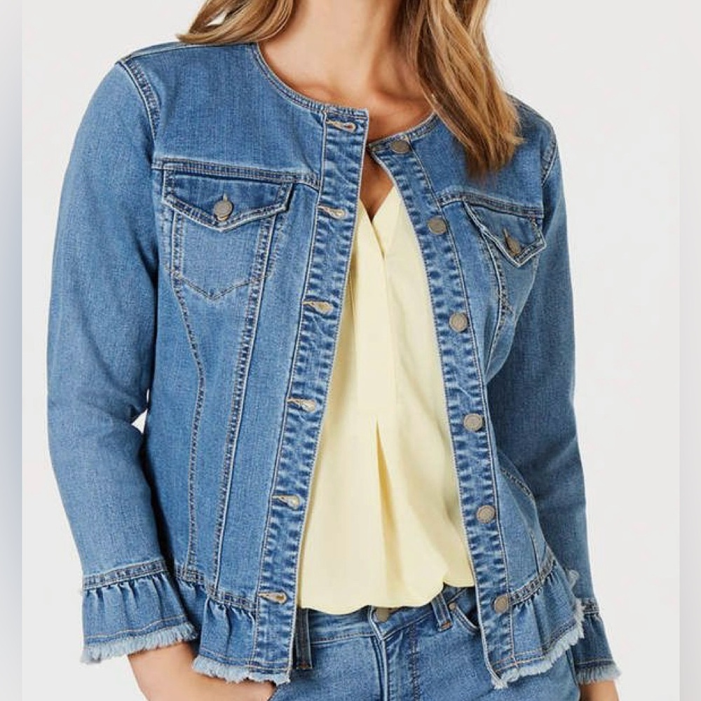 Charter Club Women's Blue Denim Jacket with Ruffle Hemline & Cuffs, Size M